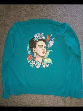 SHEIN Teal Green Cardigan with Floral Frida Kahlo Portrait